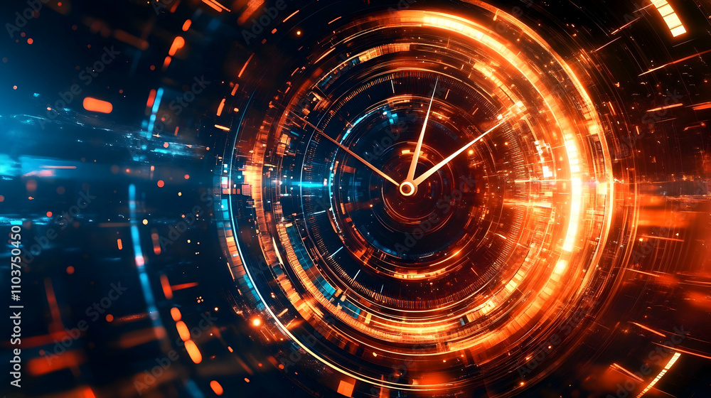 Fototapeta premium Abstract Clockwork, Futuristic Timepiece Design, Glowing Circuits and Orange Hues, Dynamic Energy Radiating Outward.