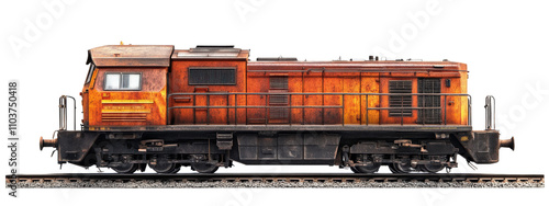 Rusty diesel locomotive on tracks, showcasing vintage industrial design and weathered textures. striking representation of transportation history