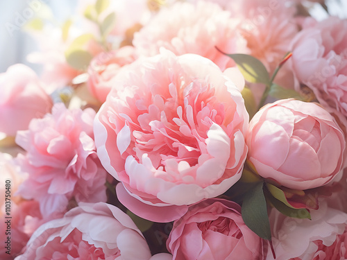Fresh pink peonies and roses in pastel colors for a card concept close up