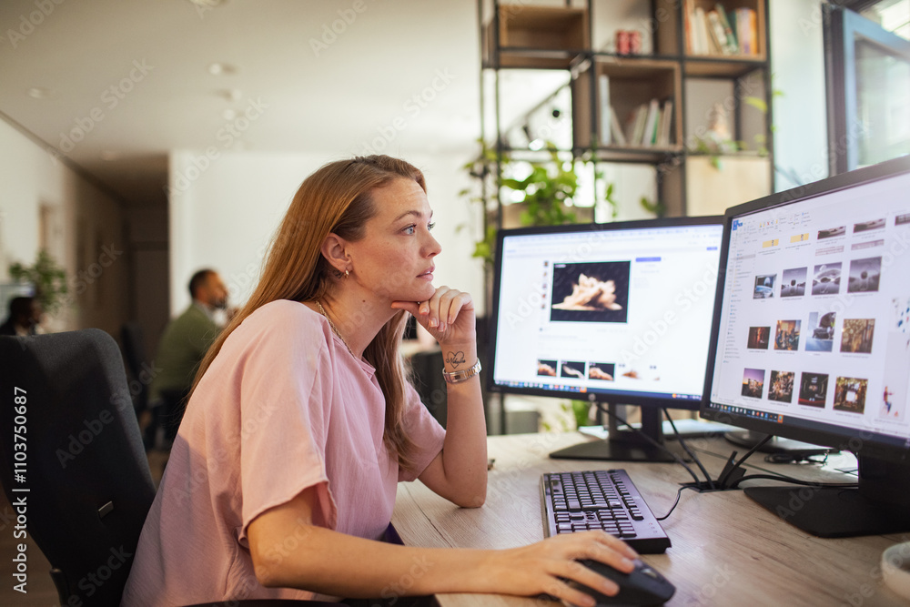 Focused woman working on dual monitors in a modern office setting Focused woman working on dual monitors in a modern office setting