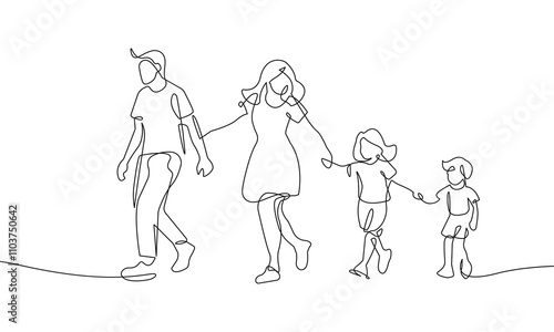 One Continuous Line Drawing of Happy Family Walking Together. Minimal Vector Illustration in Simple Linear Style. Continuous One Line Drawing of Parents with Children. Vector Graphic Illustration.