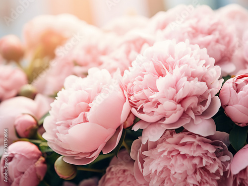 A bouquet of fresh pink peonies with copy space