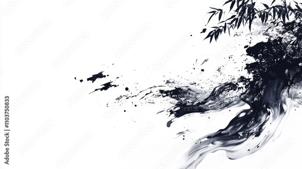 Bold Chinese ink painting of turbulent water on a clean white background, featuring dynamic brush strokes and bamboo accents for striking contrast. Bold Chinese ink painting of turbulent water on a clean white background, featuring dynamic brush strokes and bamboo accents for striking contrast.