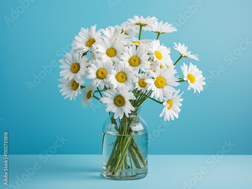 A bouquet of small white daisies in a clear vase against a blue background