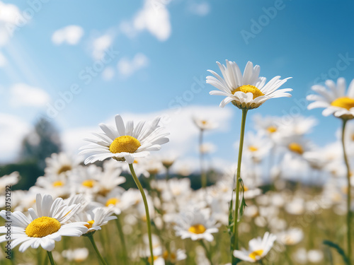Chamomile flowers blooming in a field on a sunny day with a shallow depth of field