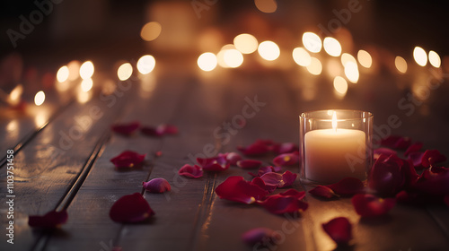 rose petals and candle in romantic inscenisation on wooden floor; cozy room arrangement; concept of date, first time, romance, hot feelings photo