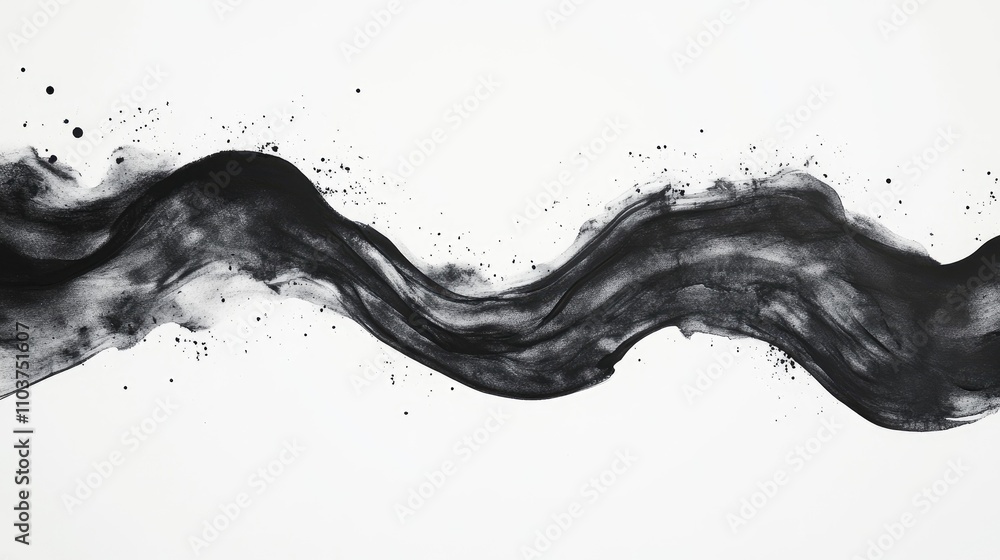 Abstract black watercolor wave with splatters on a clean white background, showcasing fluid movement and artistic contrast in a minimalist style. Abstract black watercolor wave with splatters on a clean white background, showcasing fluid movement and artistic contrast in a minimalist style.