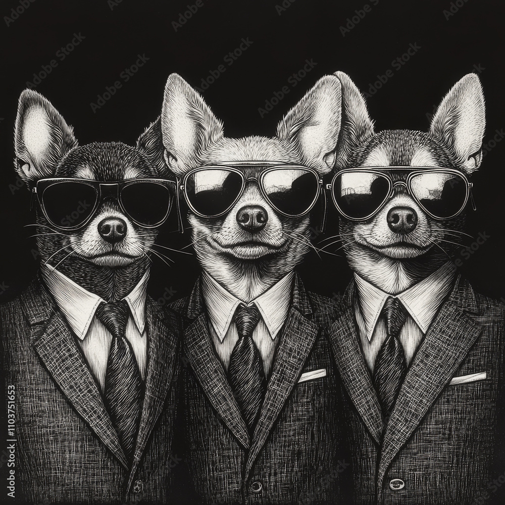 Obraz premium Three stylish chihuahua businessmen dressed in tailored suits, complete with ties and aviator sunglasses, exuding charm and confidence. Their poised stance blends elegance with humor. Rendered in