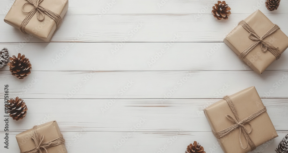 Festive Christmas background with gifts wrapped in brown paper and pine cones on a wooden table Festive Christmas background with gifts wrapped in brown paper and pine cones on a wooden table