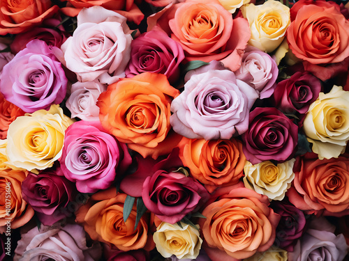 Closeup of colorful roses creating a wedding floral texture with bright colors