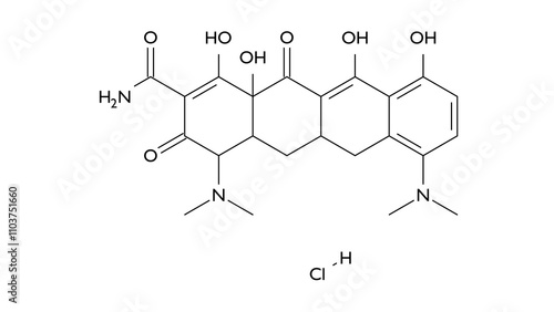 minocycline hydrochloride molecule, structural chemical formula, ball-and-stick model, isolated image antibiotic photo