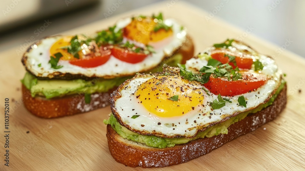 Delicious avocado toast topped with eggs on a cutting board, perfect for breakfast ideas. The delicious avocado toast offers a fresh, healthy presentation with ample copy space. Delicious avocado toast topped with eggs on a cutting board, perfect for breakfast ideas. The delicious avocado toast offers a fresh, healthy presentation with ample copy space.