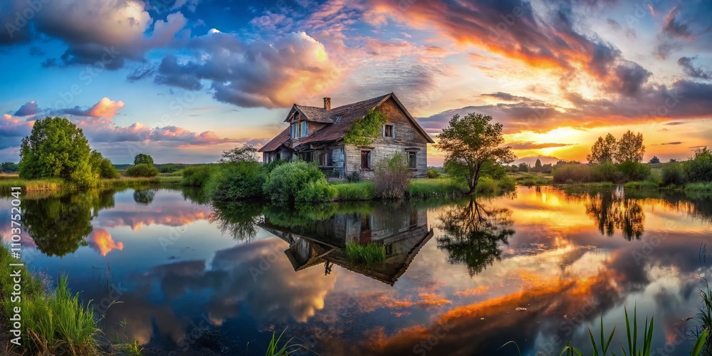 Fototapeta premium Panoramic View of an Abandoned House by a Serene Lake Surrounded by Lush Nature and Reflections of Twilight Sky for Stock Photography