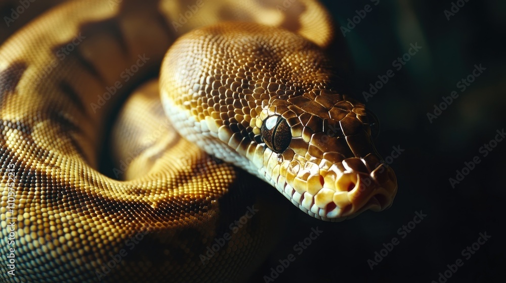 Fototapeta premium Portrait of a ball python snake against a dark background, capturing the intricate patterns and textures of the ball python in a natural setting with ample copy space.