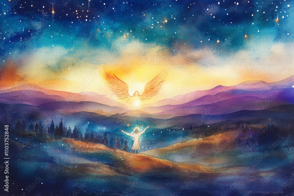 Obraz premium A vibrant watercolor illustration of an angel appearing to the shepherds, surrounded by soft light and heavenly glow, with the stars shining brightly over the peaceful hills and fields