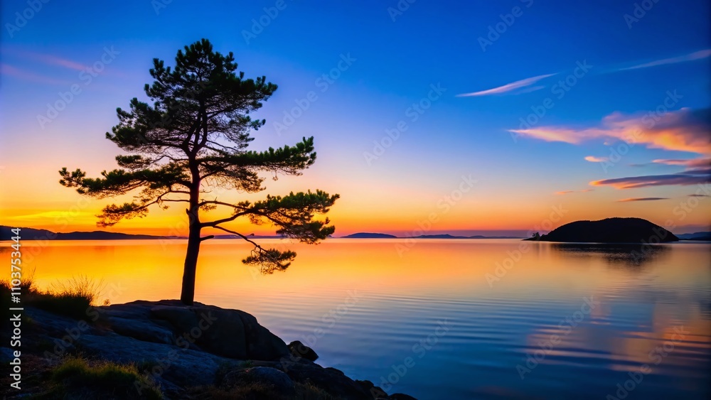 Panoramic View of a Serene Bay at Dusk with Silhouette of a Pine Tree in the Foreground, Capturing the Tranquility of Nature and the Beauty of Twilight Reflections on Water Panoramic View of a Serene Bay at Dusk with Silhouette of a Pine Tree in the Foreground, Capturing the Tranquility of Nature and the Beauty of Twilight Reflections on Water