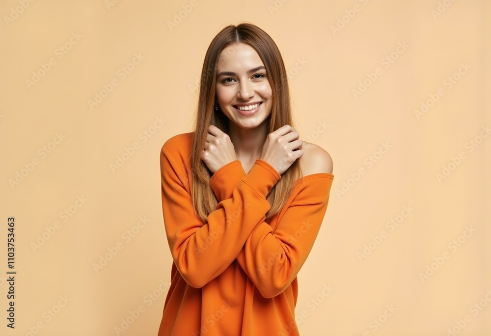 Side view young smiling Caucasian woman she wear orange shirt casual clothes hold hands crossed folded look camera isolated on plain pastel light beige background studio portrait. Lifestyle concept Side view young smiling Caucasian woman she wear orange shirt casual clothes hold hands crossed folded look camera isolated on plain pastel light beige background studio portrait. Lifestyle concept
