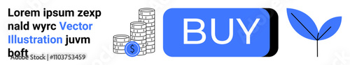 Coins, blue BUY button, text sample, and leaf icon. Ideal for financial services, e-commerce, investment, online shopping, eco-friendly products, digital marketing, sustainability. Landing page