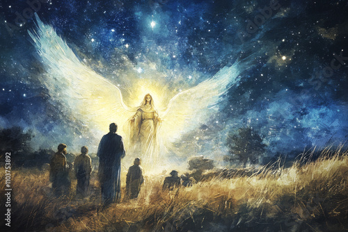 A digital watercolor painting of an angel appearing to shepherds in a field, the night sky filled with stars and the angel's radiant light shining down on them. The shepherds look in awe and reverence