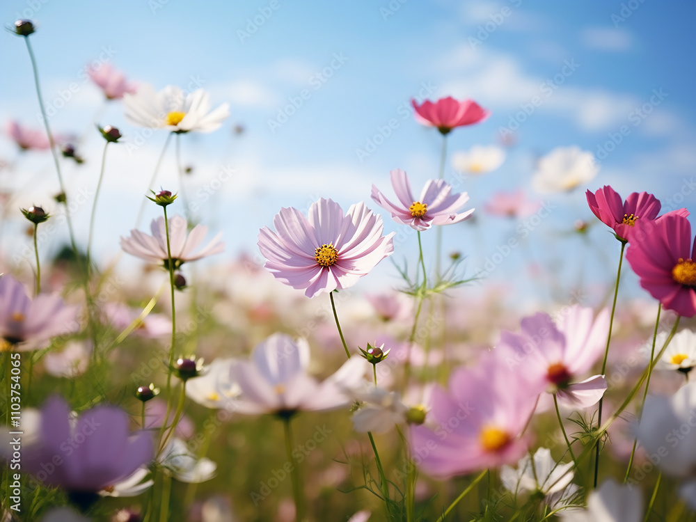 Beautiful cosmos flowers in bloom with a summer landscape in the background Beautiful cosmos flowers in bloom with a summer landscape in the background