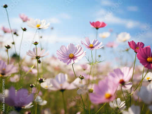 Beautiful cosmos flowers in bloom with a summer landscape in the background