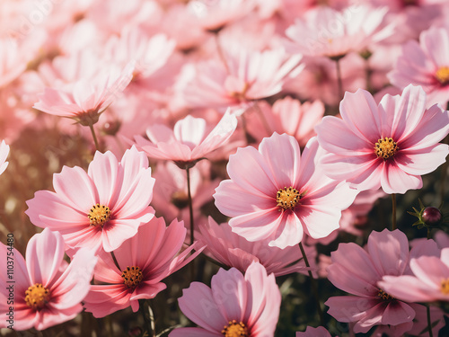 Vintage style close up of pink cosmos flowers in a field