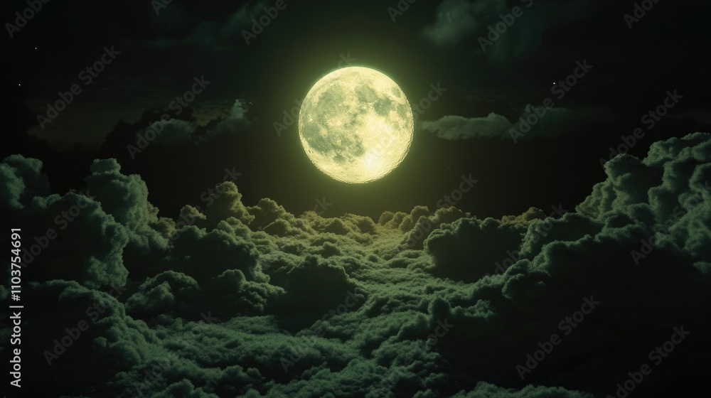 3D rendering of a bright full moon glowing over fluffy clouds in an enchanting nighttime sky, creating a serene and atmospheric scene. 3D rendering of a bright full moon glowing over fluffy clouds in an enchanting nighttime sky, creating a serene and atmospheric scene.