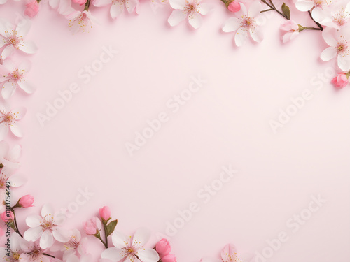 Pink flowers arranged on a pastel pink background with space for text #1103754649