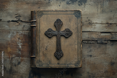 A vintage holy Bible with an intricate wooden cross laid on top, positioned on a rough-hewn wooden surface. The background evokes a sense of history and spirituality, with natural textures and soft photo