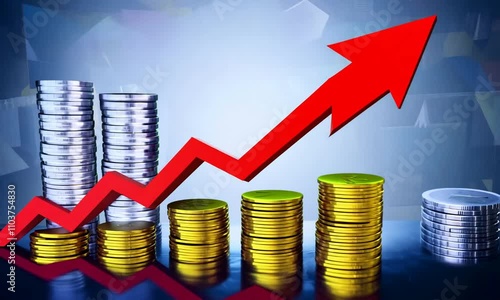 Percentage Signs on Coin Stacks with Rising Red Arrow