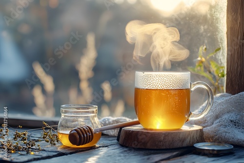 Golden Hour Honey Tea: Warmth and comfort meet in this evocative image of a steaming cup of honey tea, bathed in the golden light of sunset. The scene is set against a rustic windowsill.