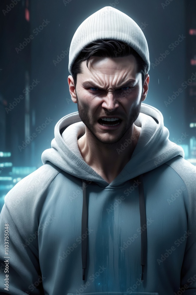 Stylized Male Character in a Dramatic Pose, Cyberpunk Background Stylized Male Character in a Dramatic Pose, Cyberpunk Background