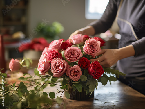 A florist�s hands create a wedding bouquet of roses in a small business setting photo