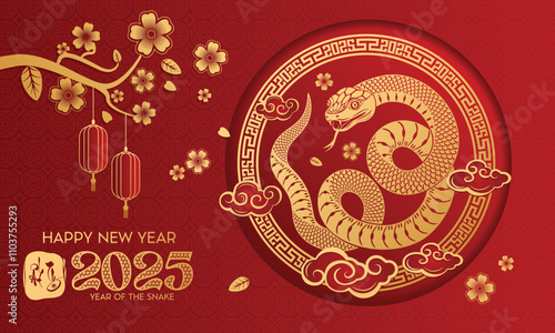 Chinese New Year snake character vector. Zodiac sign year of the snake with cherry blossom flower pattern on snake red color. Illustration design of background, card, sticker, calendar.