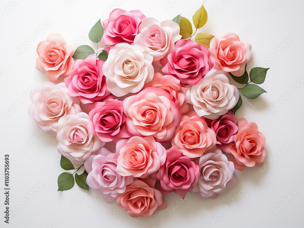 A composition of rose flowers on white background for Valentine's Day viewed from above A composition of rose flowers on white background for Valentine's Day viewed from above