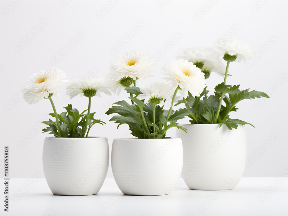 Fresh flowers in white pots placed on a white surface Fresh flowers in white pots placed on a white surface