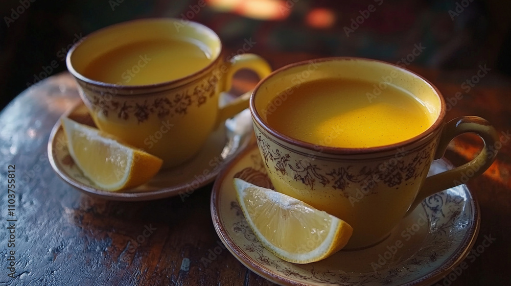 Two cups of golden turmeric and ginger tea with lemon slices on wooden table, creating warm and inviting atmosphere Two cups of golden turmeric and ginger tea with lemon slices on wooden table, creating warm and inviting atmosphere