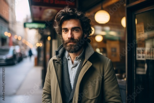 Portrait of a handsome bearded man with a coat in the city