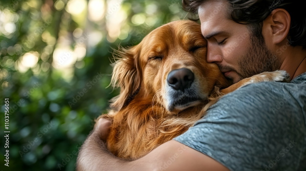 Man Gently Embraces Golden Retriever Outdoors Man Gently Embraces Golden Retriever Outdoors