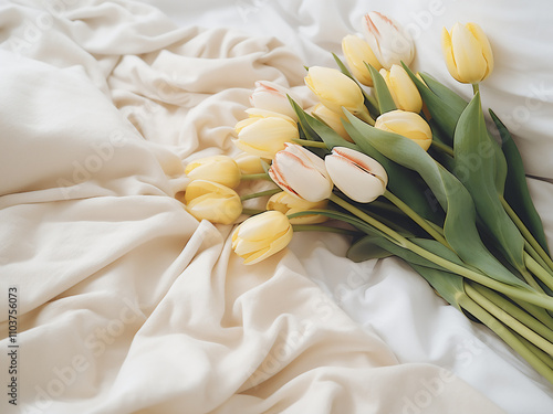 A top view of fresh tulips in a white bed with space for customization