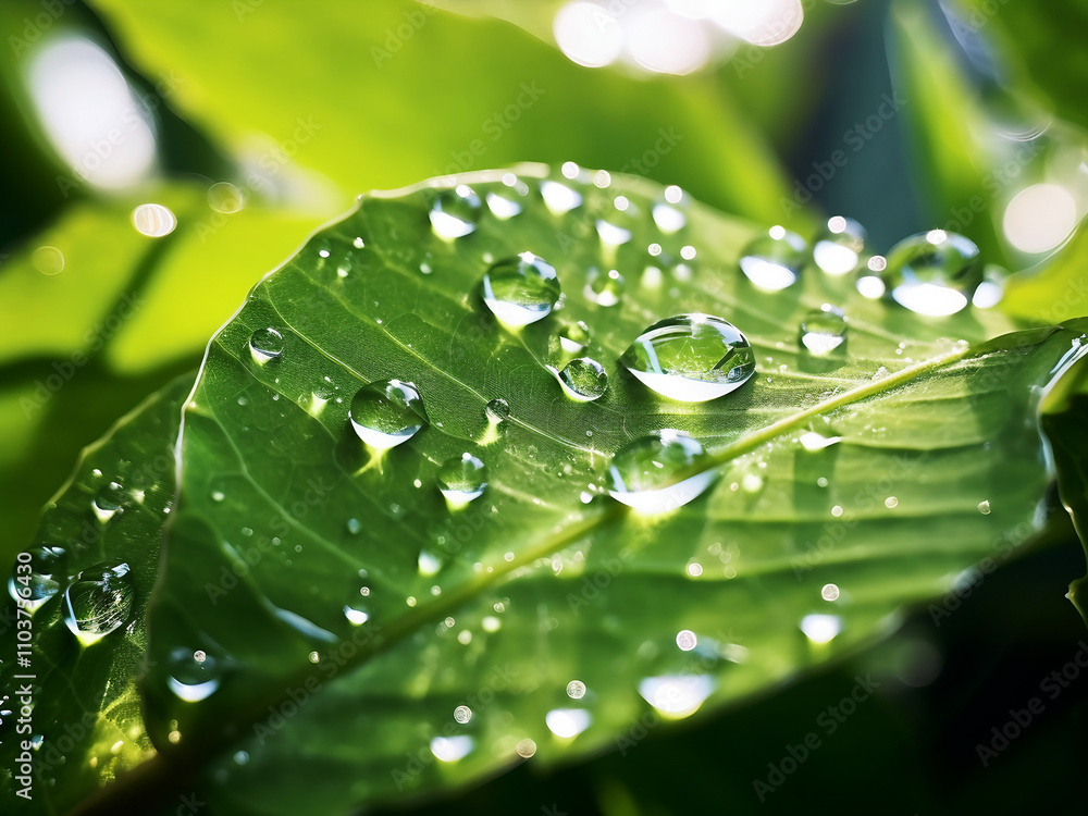 Dew drops on a vibrant green leaf. Nature's beauty, close up, macro photography. Dew drops on a vibrant green leaf. Nature's beauty, close up, macro photography.
