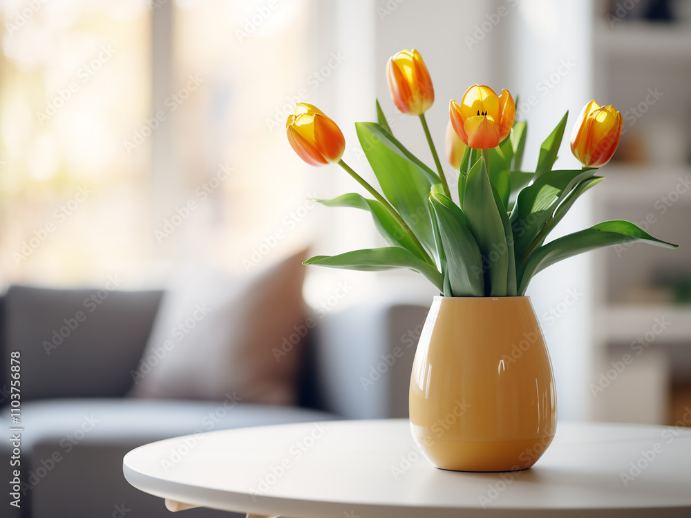 Modern home interior with tulip flowers in the room and eco-friendly design elements Modern home interior with tulip flowers in the room and eco-friendly design elements