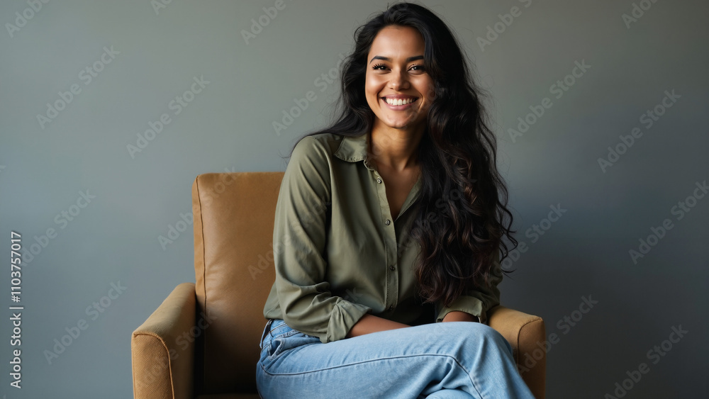 Confident Indian Woman Relaxing on Chair: Fashion Portrait for Lifestyle Magazines and Clothing Advertisements Confident Indian Woman Relaxing on Chair: Fashion Portrait for Lifestyle Magazines and Clothing Advertisements