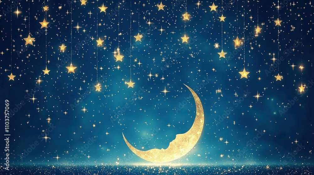 Naklejka premium A serene night sky filled with twinkling stars and a glowing crescent moon, creating a magical and tranquil atmosphere for dreaming and relaxation.