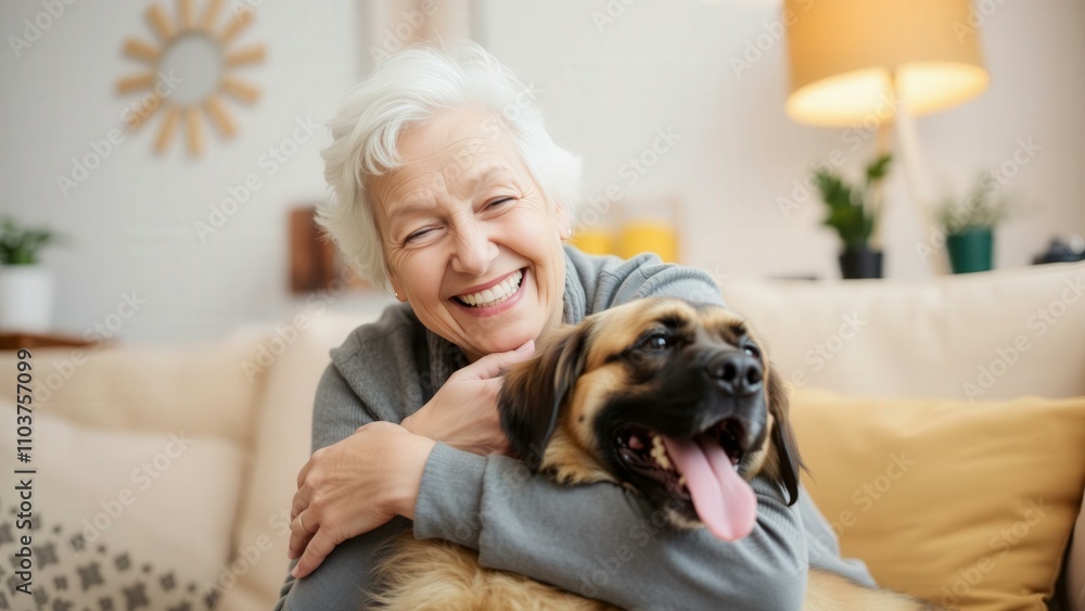 Heartwarming Elderly Woman Embracing Dog in Cozy Living Room, Perfect for Family, Love, and Companion Themed Products Heartwarming Elderly Woman Embracing Dog in Cozy Living Room, Perfect for Family, Love, and Companion Themed Products
