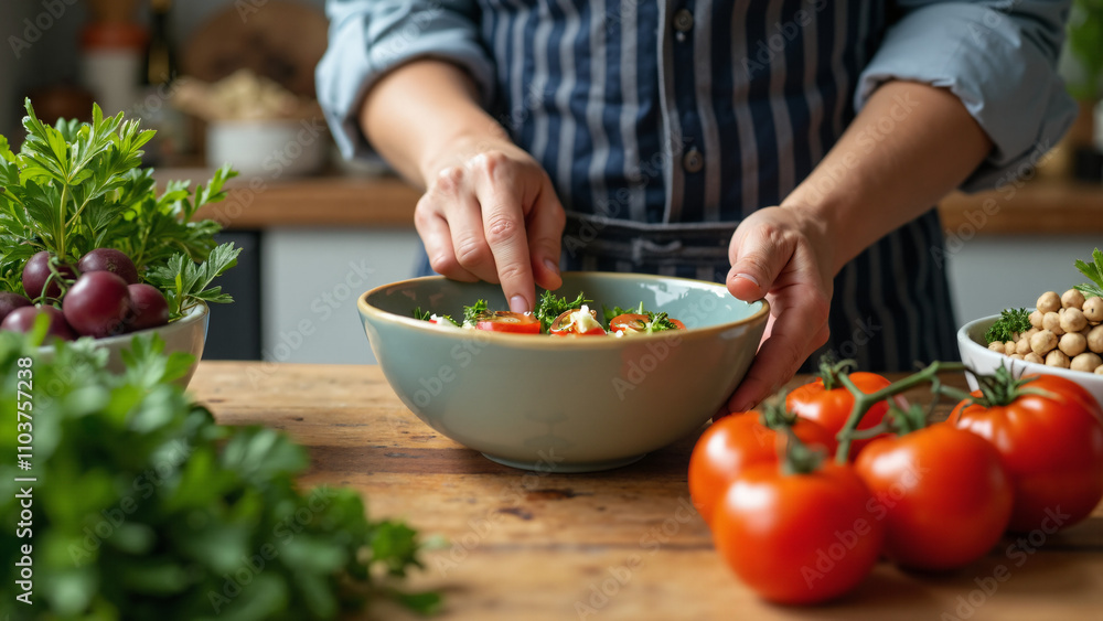 Healthy Meal Prep: Chef's Hands Tossing Fresh Vegetable Salad in Kitchen Bowl for Nutritious Home Cooking and Diet Plans