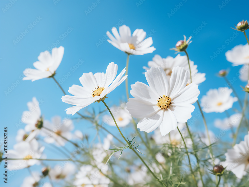 Low angle view of a beautiful daisy or cosmos flower in bloom Low angle view of a beautiful daisy or cosmos flower in bloom
