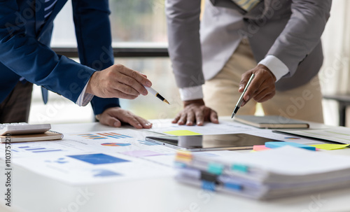 The business partner advisory meeting is discussing strategy analysis and business investment planning. Colleagues work together to plan a business project together.