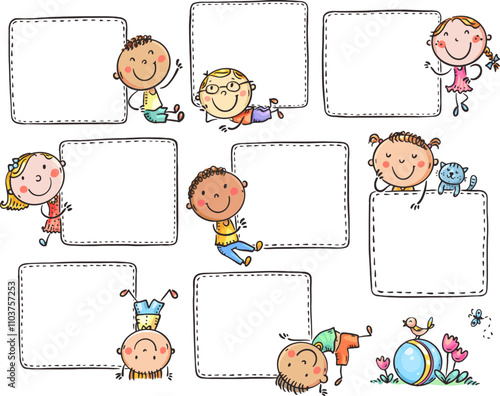 Set of children holding blank note papers, cute cartoon kids with placarts, your text here, blank signs, paper template, vector illustration