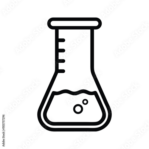 Erlenmeyer flask with liquid and bubbles. Simple line art illustration.